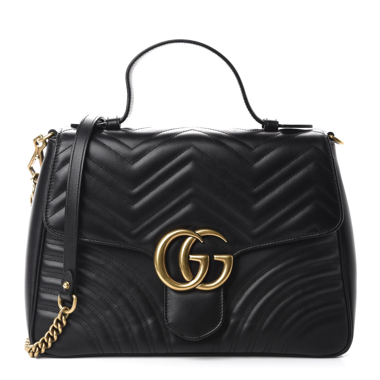 Gucci Calfskin Matelasse Medium GG Marmont Top Handle Shoulder Bag Black 1 of 11