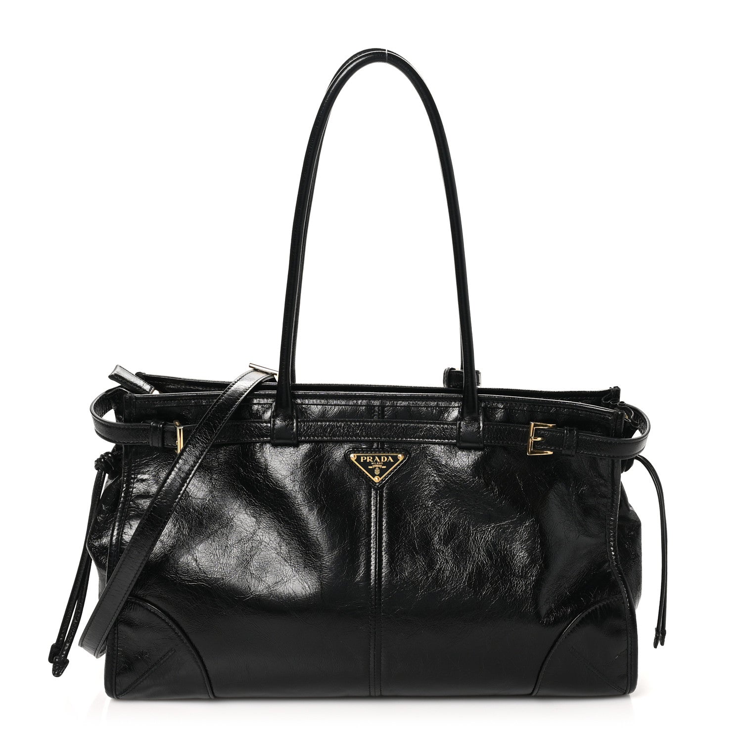 Prada Glossy Calfskin Triangle Large Bonnie Shoulder Bag Black 1 of 9