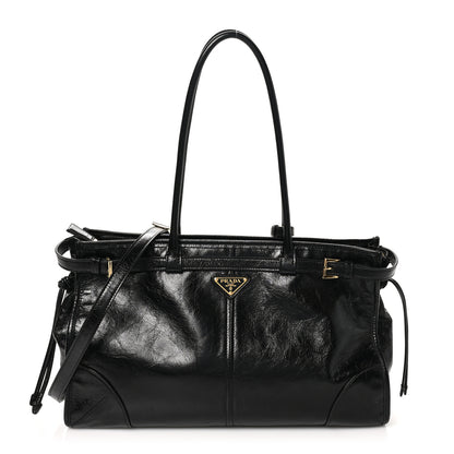 Prada Glossy Calfskin Triangle Large Bonnie Shoulder Bag Black 1 of 9