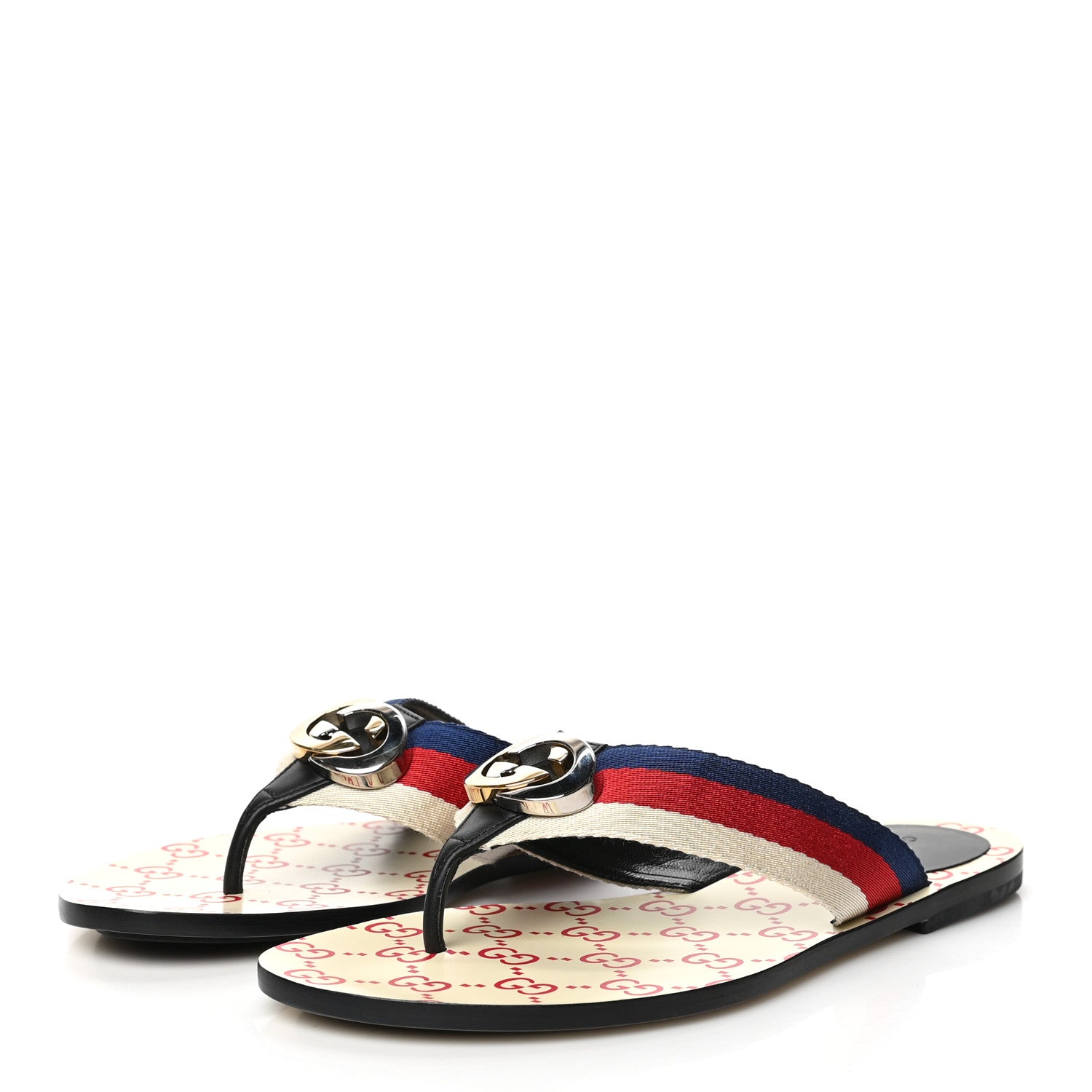 Gucci Canvas Web Womens Kika Thong Sandals 37.5 White Red Blue 3 of 7