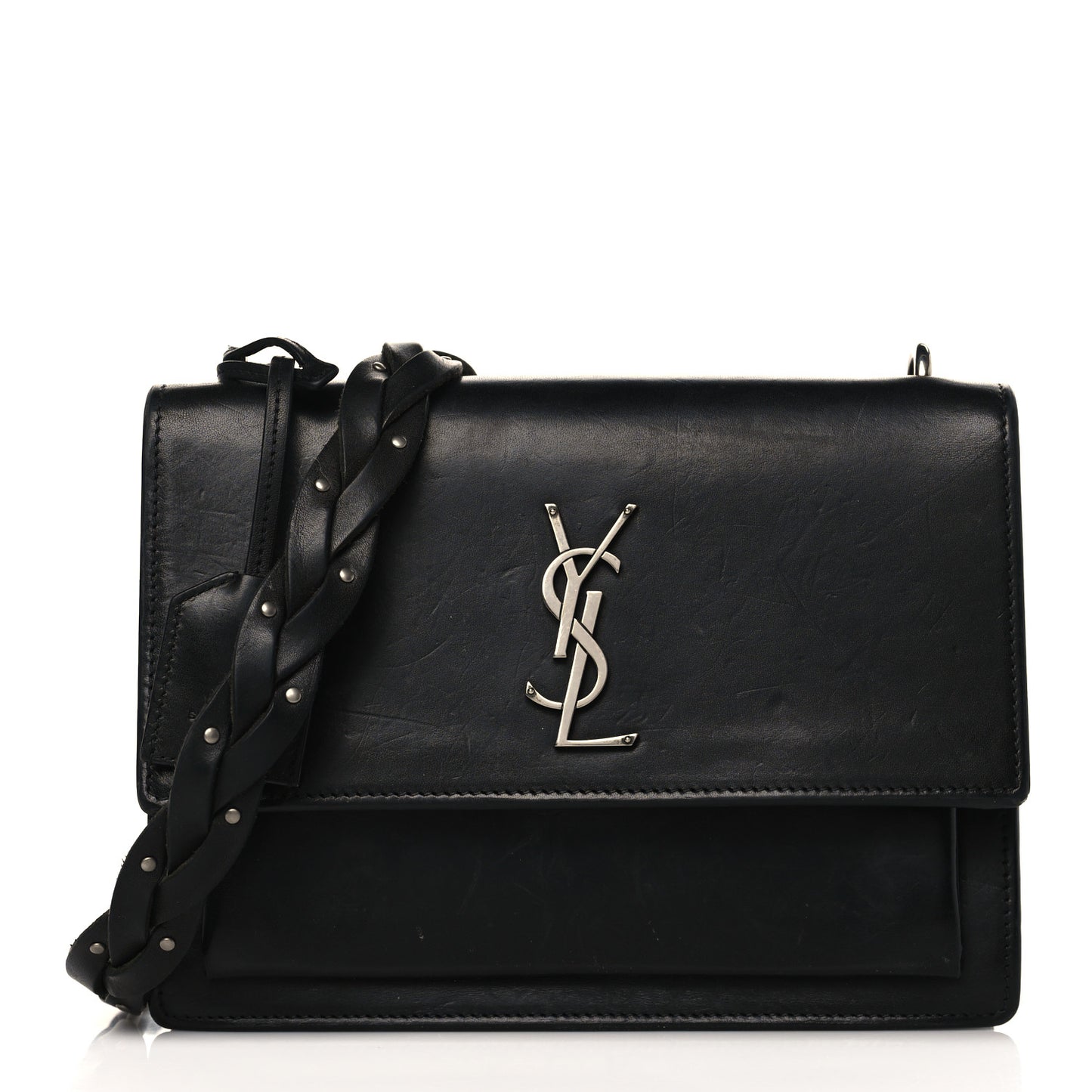 Calfskin Medium Monogram Sunset Shoulder Bag With Braided Strap Black