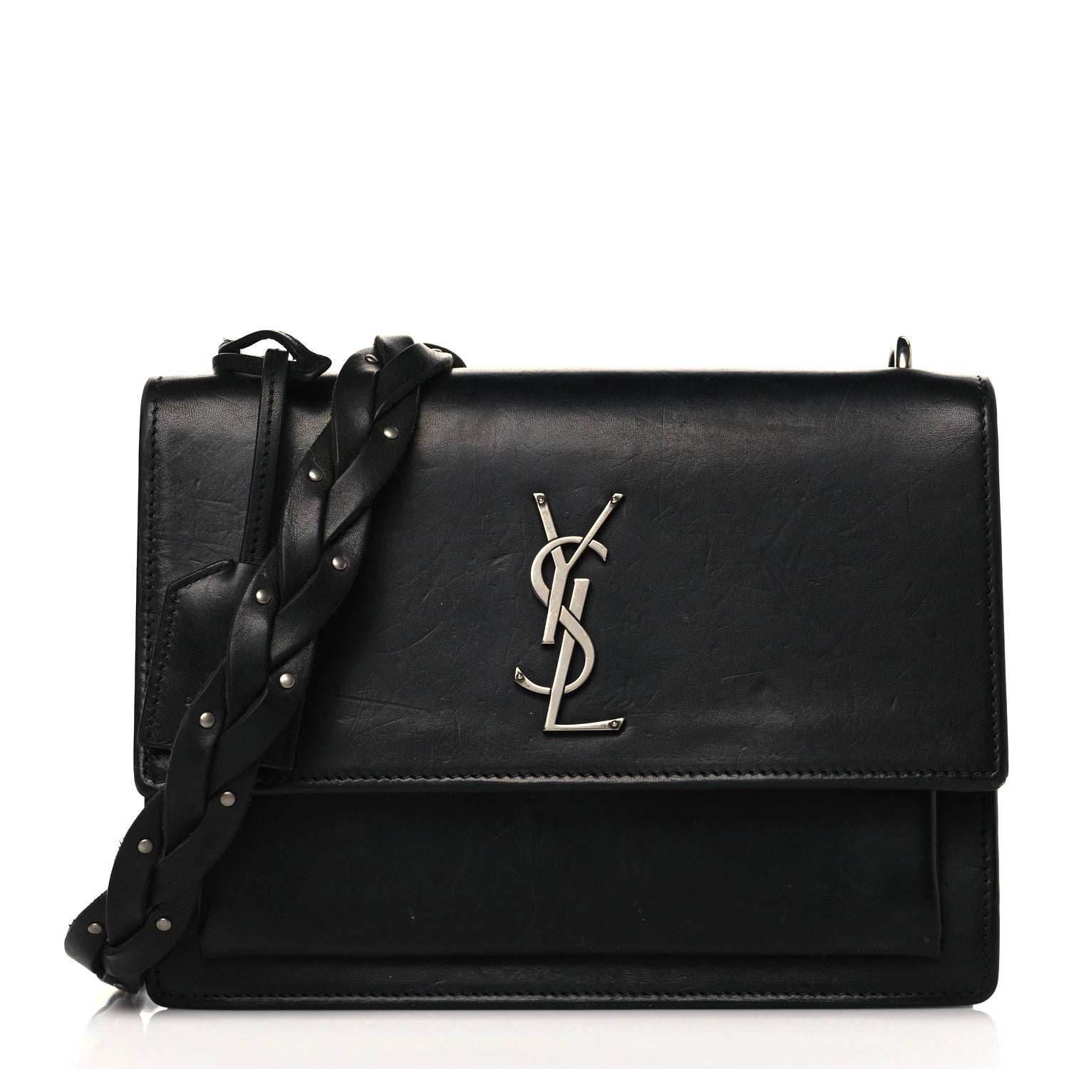 Saint Laurent Calfskin Medium Monogram Sunset Shoulder Bag With Braided Strap Black 1 of 11