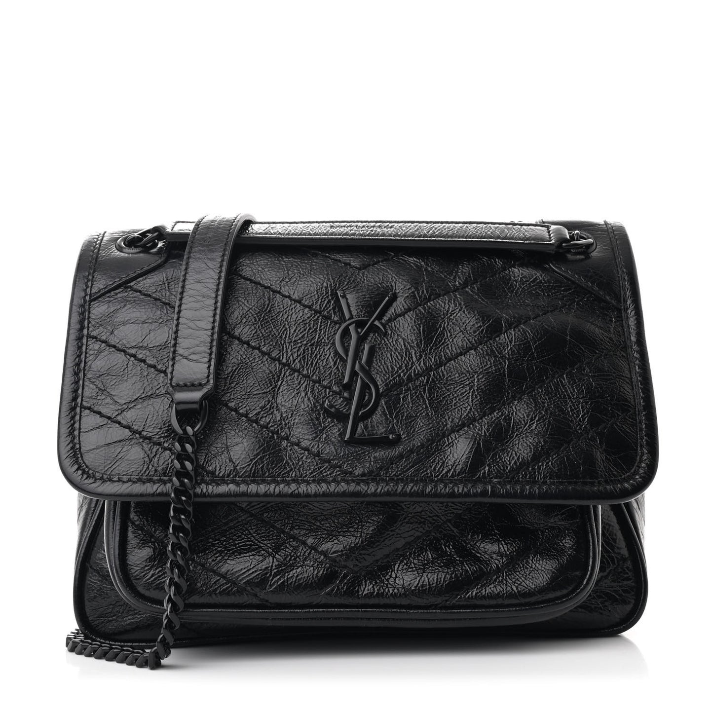 Crinkled Calfskin Matelasse Monogram Baby Niki Chain Satchel Black