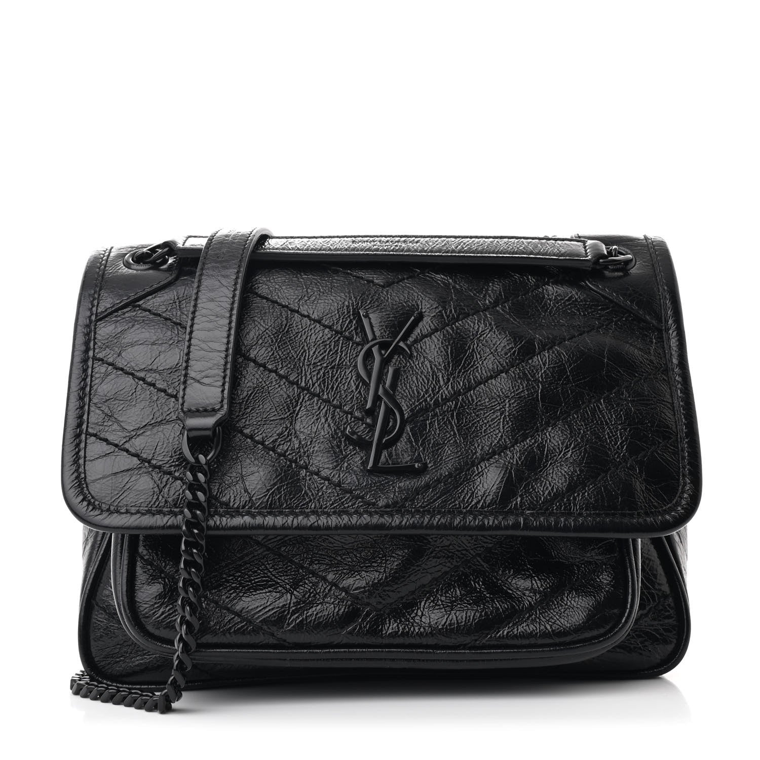 Saint Laurent Crinkled Calfskin Matelasse Monogram Baby Niki Chain Satchel Black 1 of 10