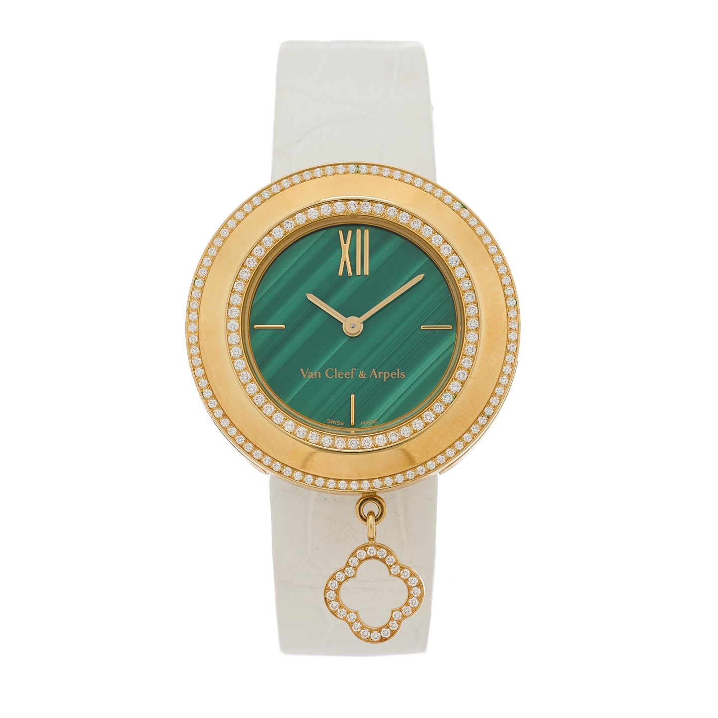 18K Yellow Gold Alligator Diamond Bezel Malachite 32mm Charms Quartz Watch