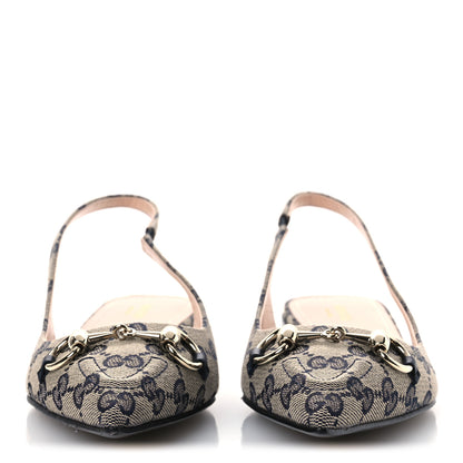 Gucci Monogram Horsebit Womens Slingback Ballet Flat 37.5 Beige Blue 3 of 11