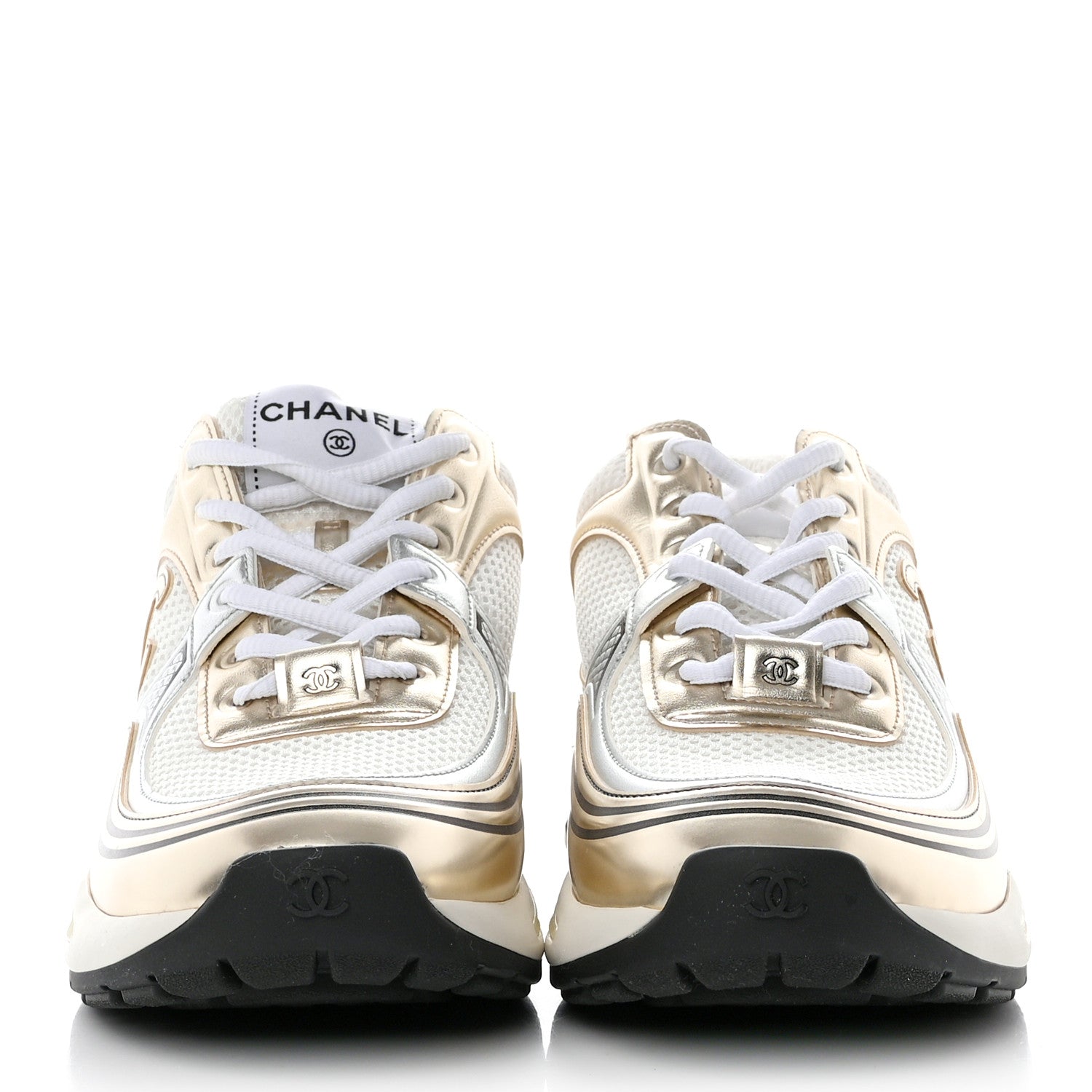 Chanel Fabric Laminated Calfskin Stretch CC Womens Sneakers 38 White Gold Silver 2 of 9
