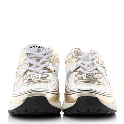 Chanel Fabric Laminated Calfskin Stretch CC Womens Sneakers 38 White Gold Silver 2 of 9