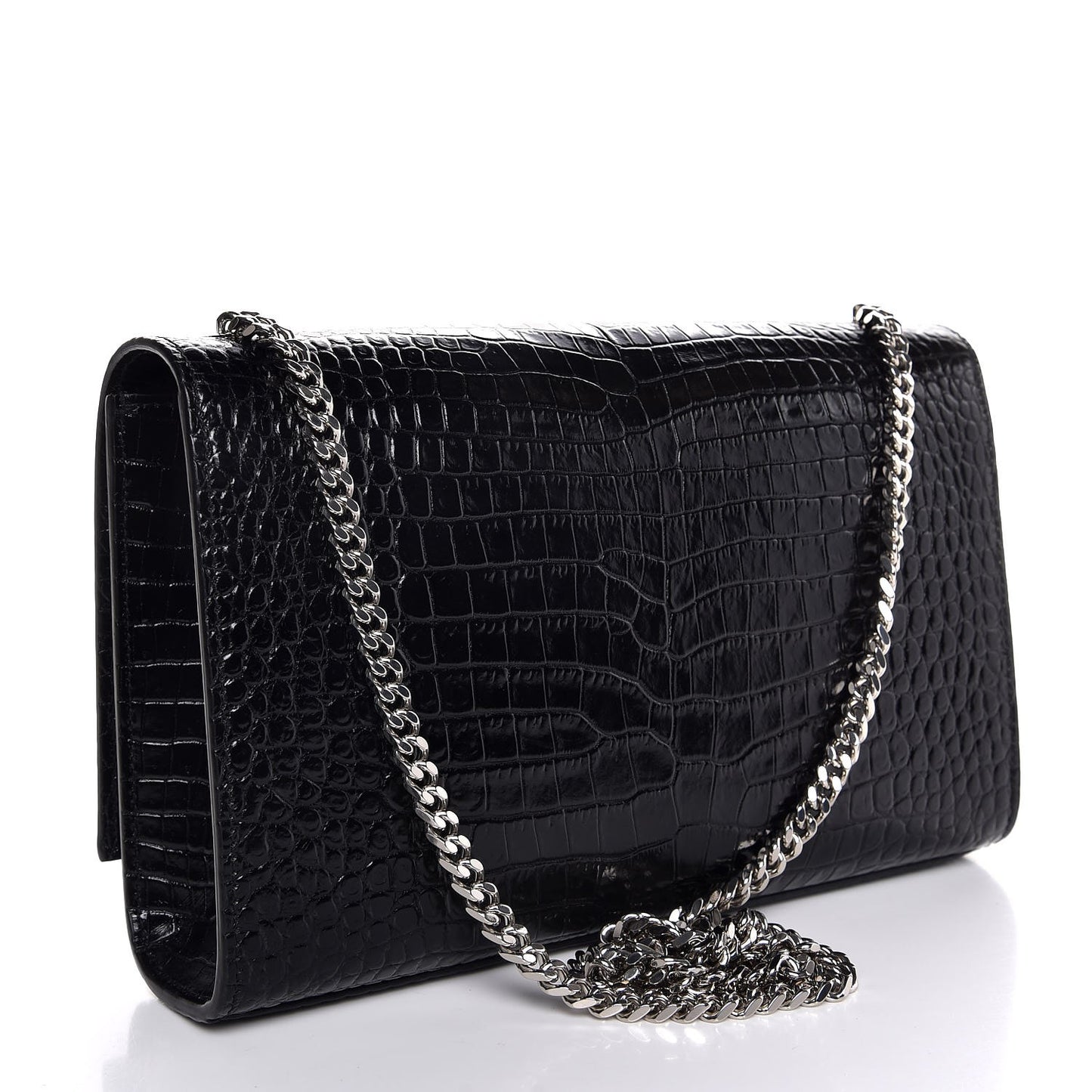 Calfskin Crocodile Embossed Medium Classic Monogram Kate Tassel Satchel Black