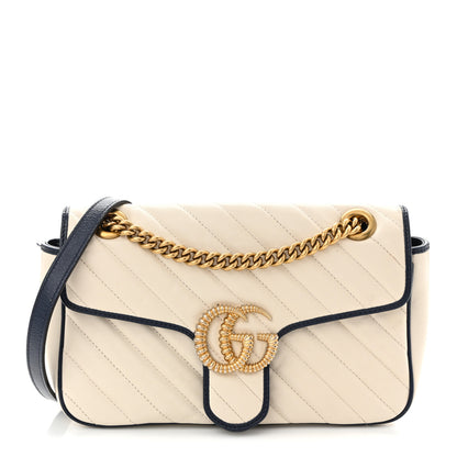 Gucci Vintage Effect Calfskin Matelasse Diagonal Small Torchon GG Marmont Shoulder Bag Mystic White Blue Agata 1 of 14