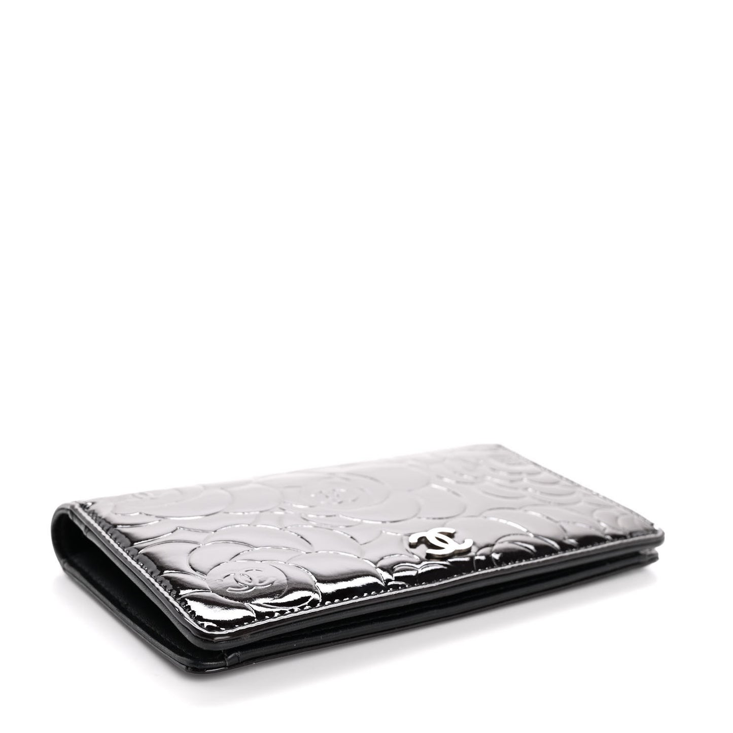 Patent Camellia Embossed Yen Wallet Black