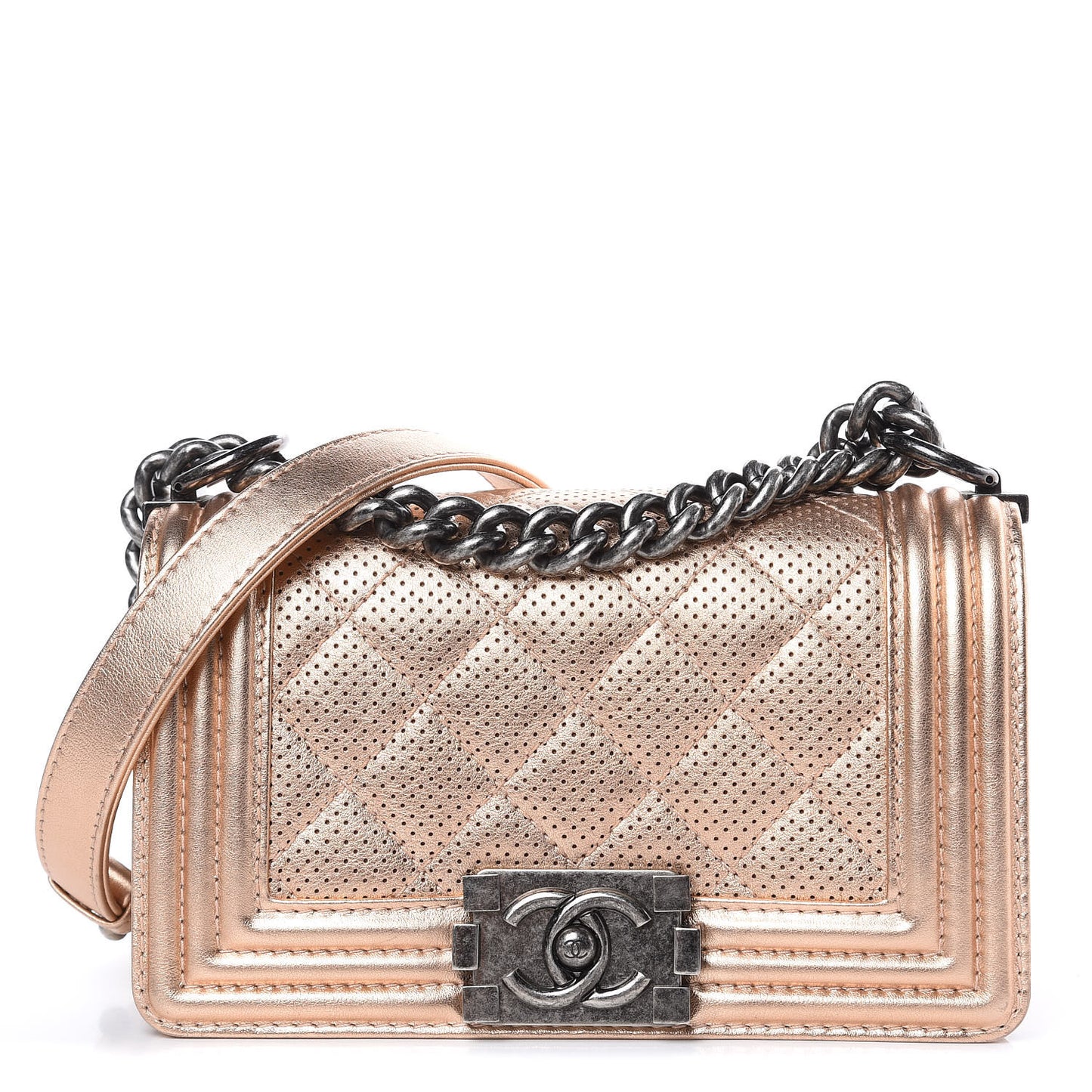 Metallic Calfskin Perforated Small Boy Flap Rose Gold