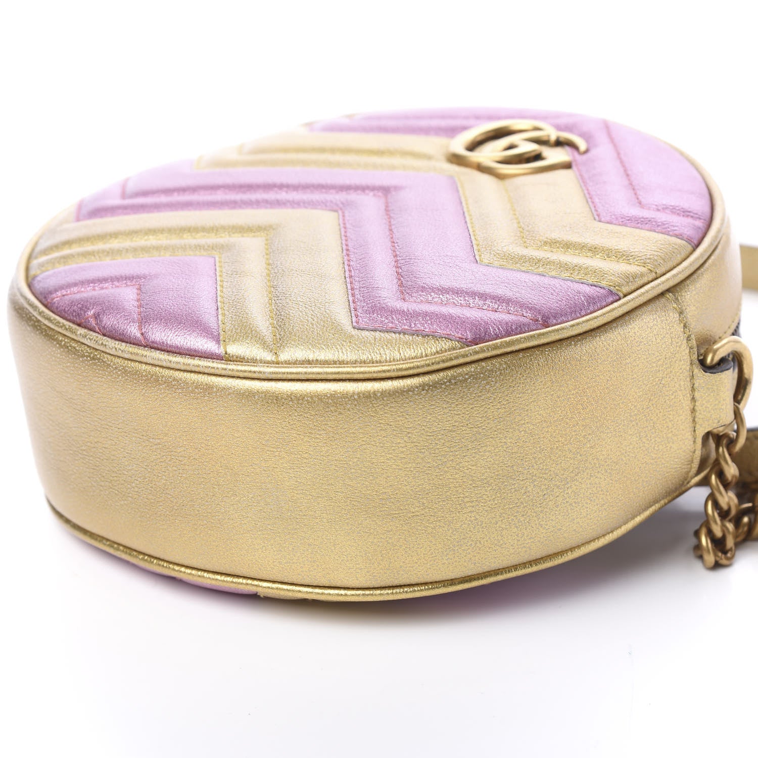 Gucci Metallic Calfskin Matelasse Mini GG Marmont Round Shoulder Bag Gold Pink 8 of 10