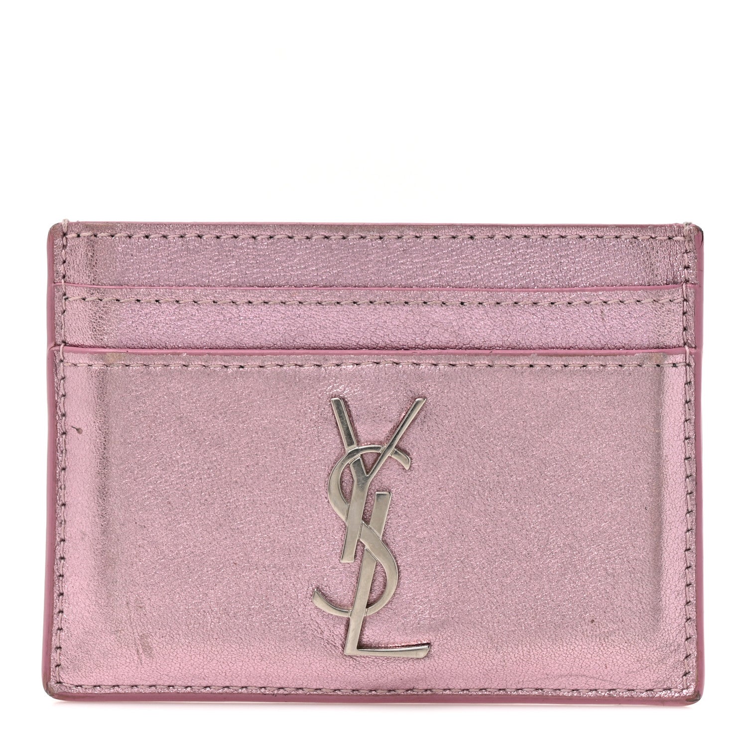 Saint Laurent Metallic Calfskin Monogram Credit Card Case Pink 1 of 9