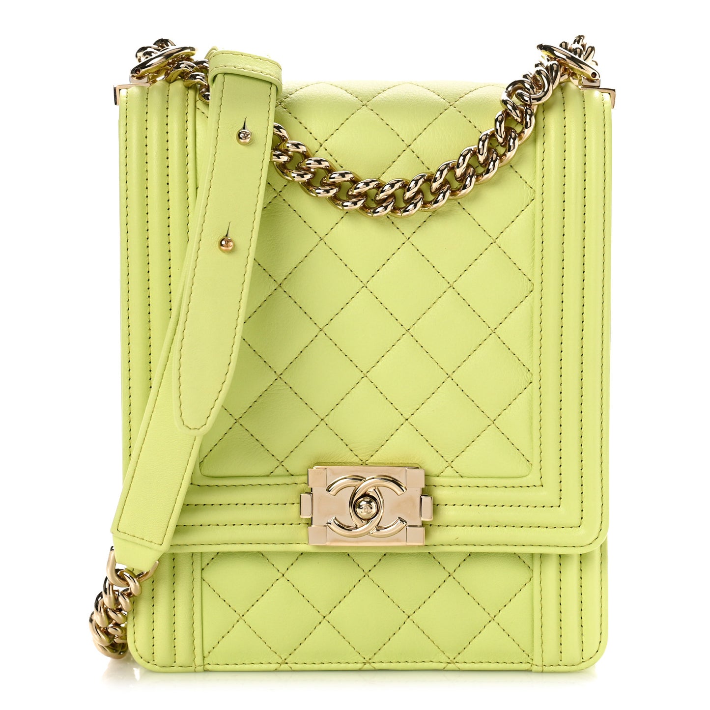 Calfskin Quilted North South Boy Flap Light Green