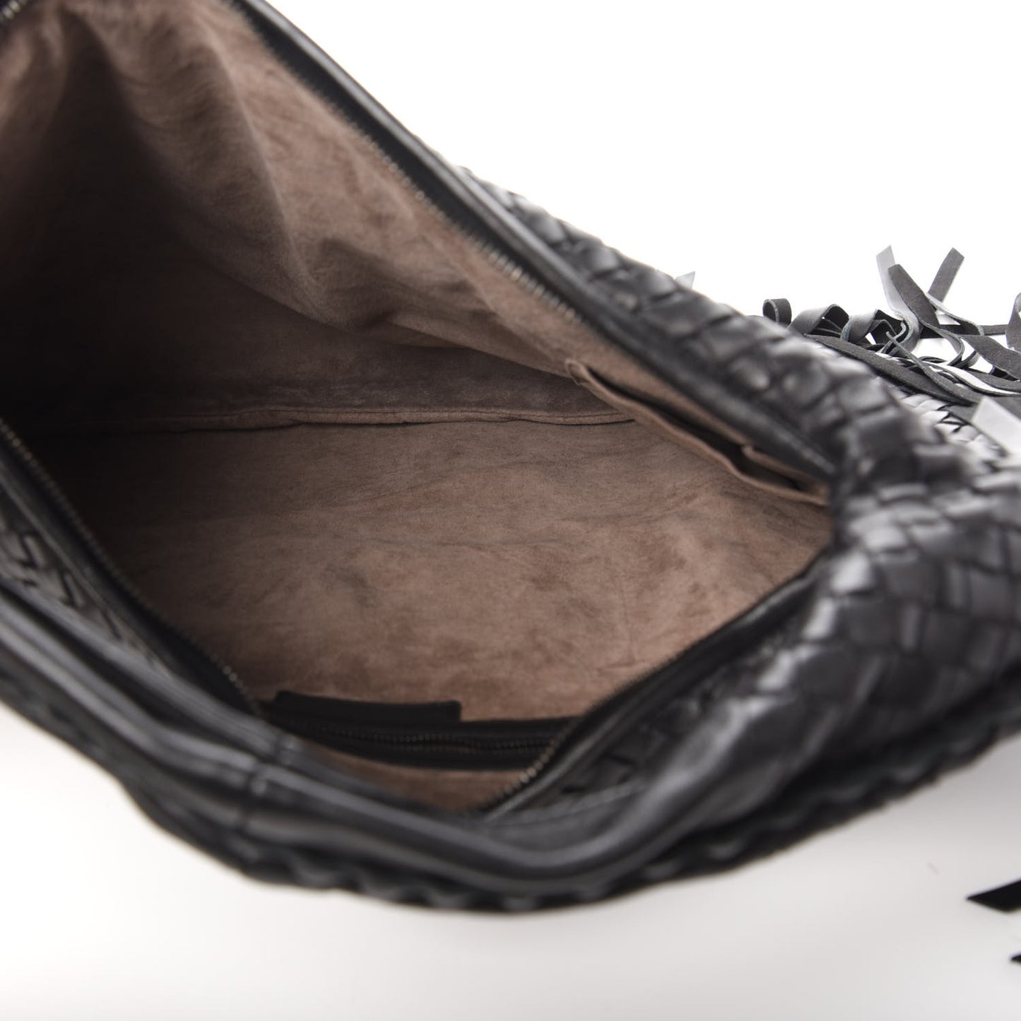 Nappa Intrecciato Veneta Large Fringed Hobo Black