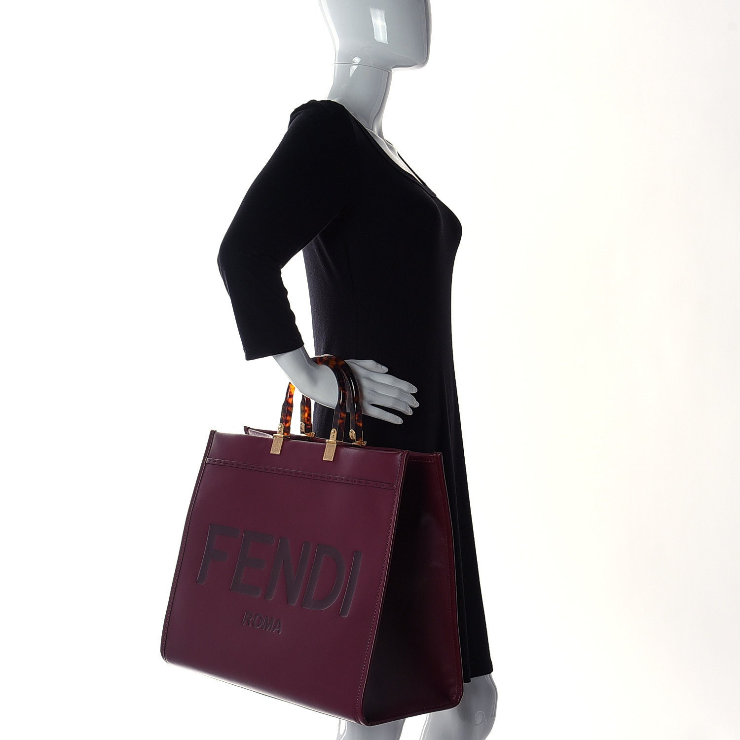 Fendi Vitello King Plexiglass Logo Embossed Large Fendi Sunshine Shopper Tote Barolo 3 of 12