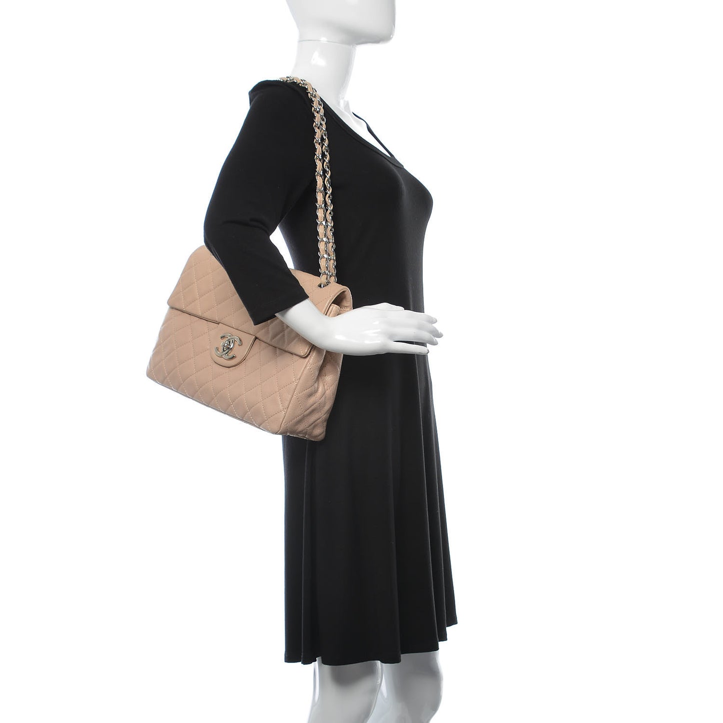 Washed Caviar Quilted Maxi Single Flap Beige