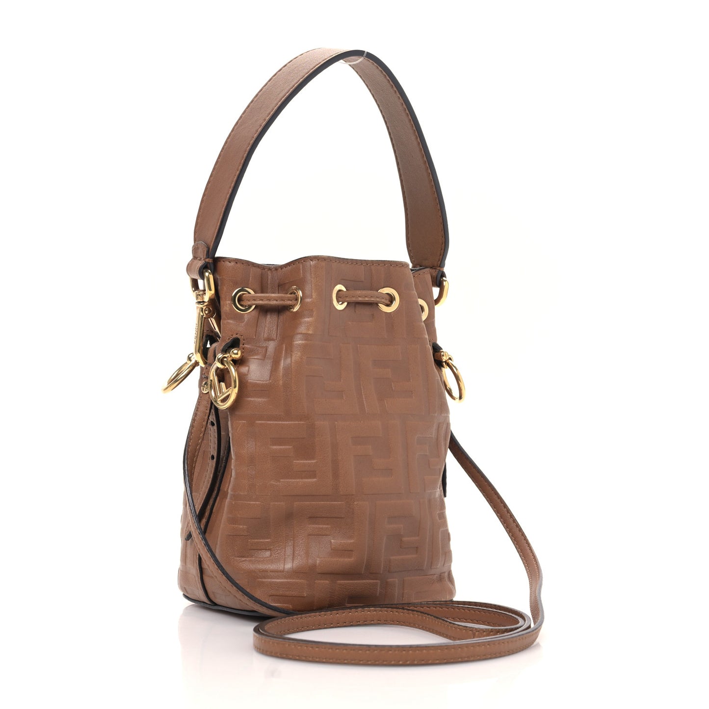 Vitello Liberty F is Fendi FF 1974 Embossed Mini Mon Tresor Bucket Bag Caramello