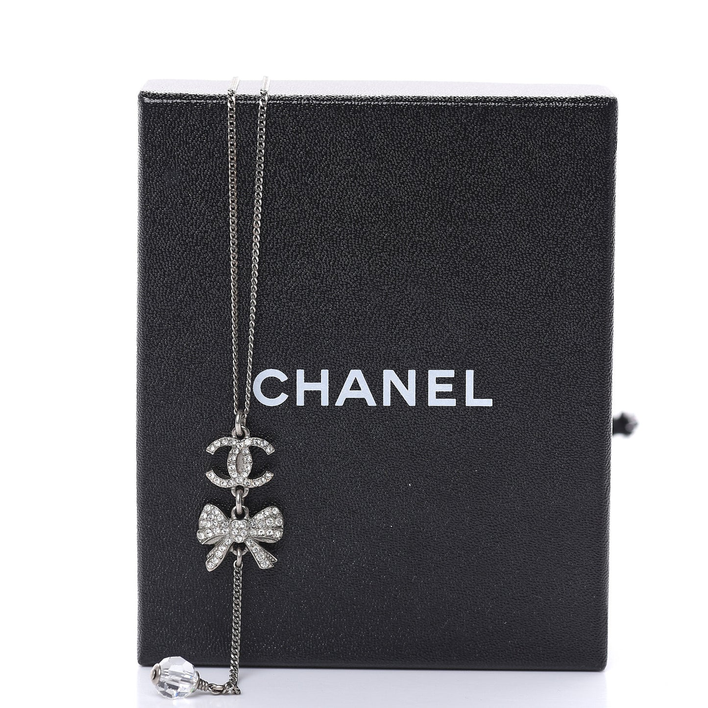 Crystal Resin CC Bow Drop Necklace Silver