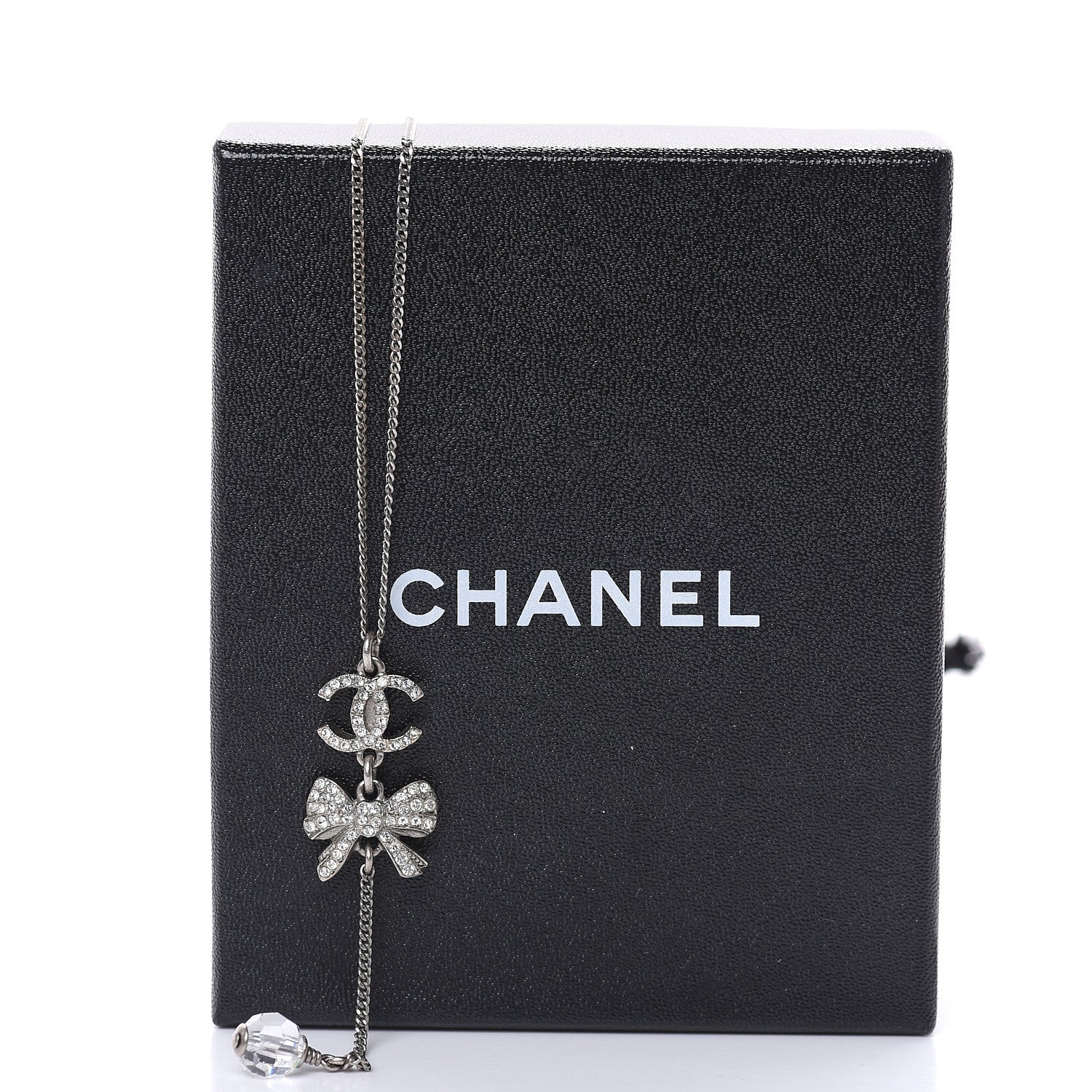 Chanel Crystal Resin CC Bow Drop Necklace Silver 6 of 6