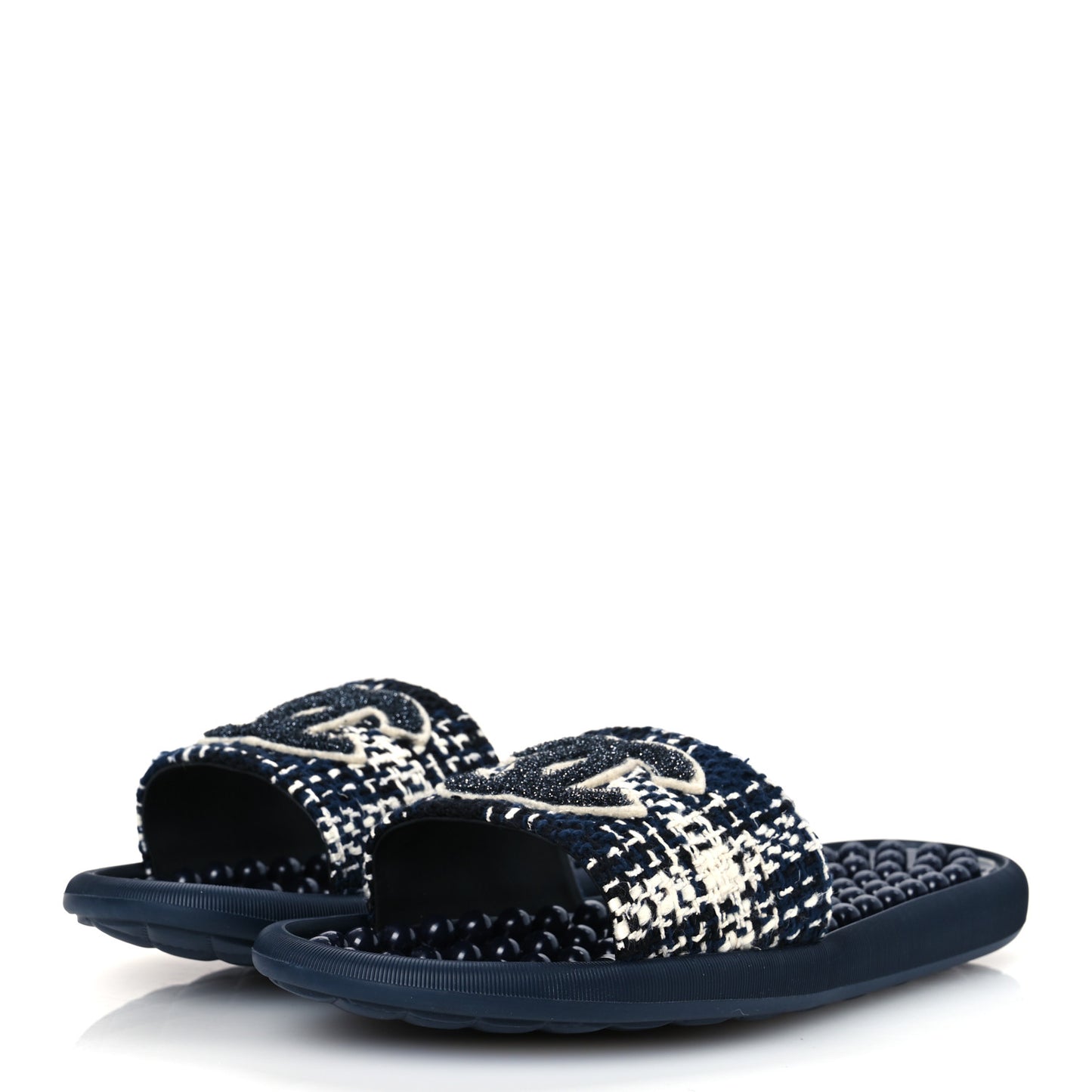 Tweed Rubber CC Flat Mules 40 Navy