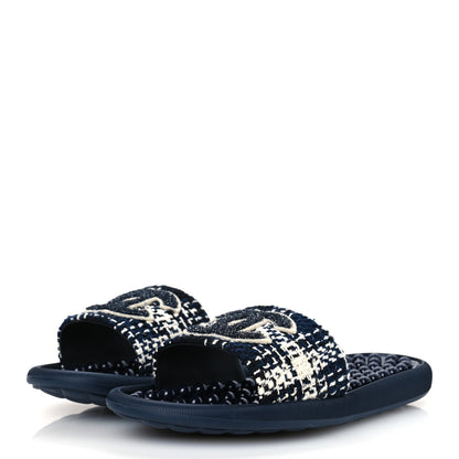 Chanel Tweed Rubber CC Flat Mules 40 Navy 4 of 10
