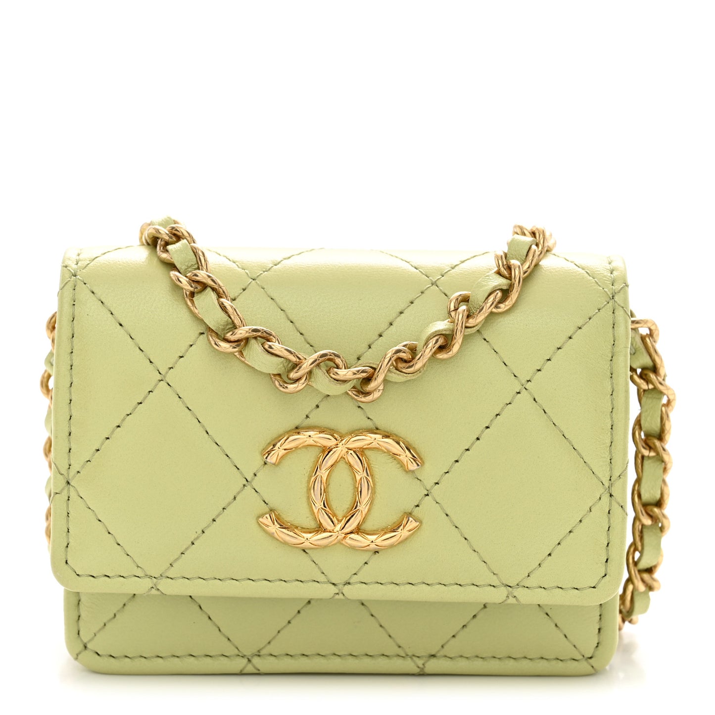 Lambskin Quilted Flap Card Holder On Chain Light Green