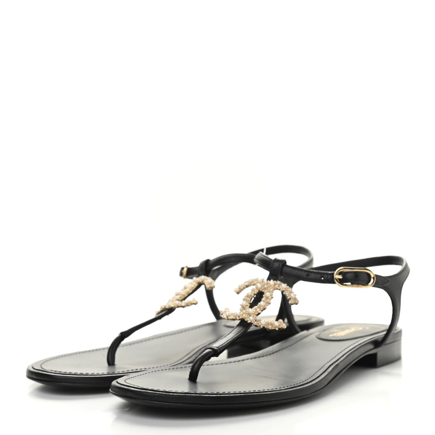 Chanel Calfskin Pearl Crystal CC Charm Thong Sandals 38.5 Black 8 of 9