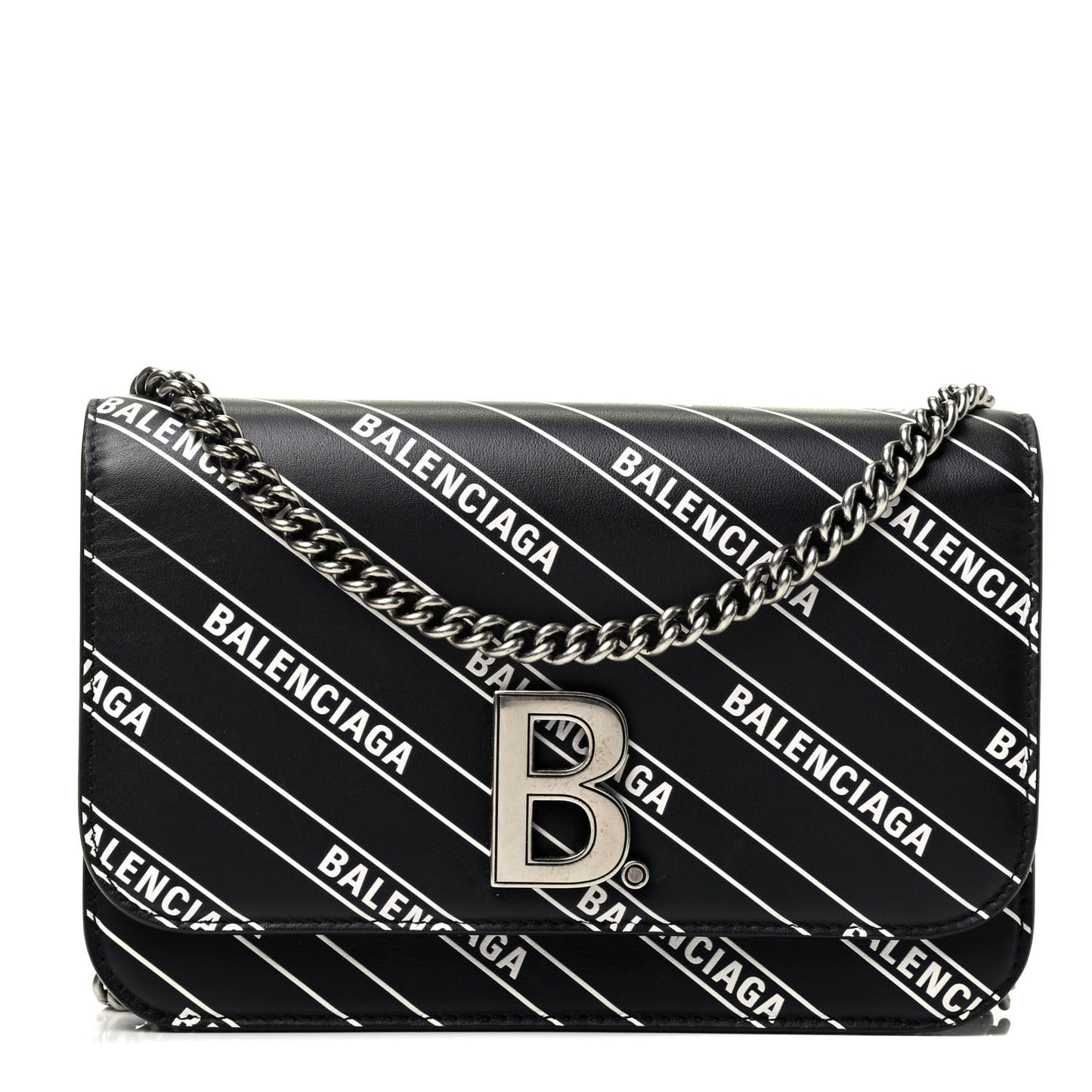Matte Calfskin Diagonal Allover Logo Print B Wallet on Chain Black White