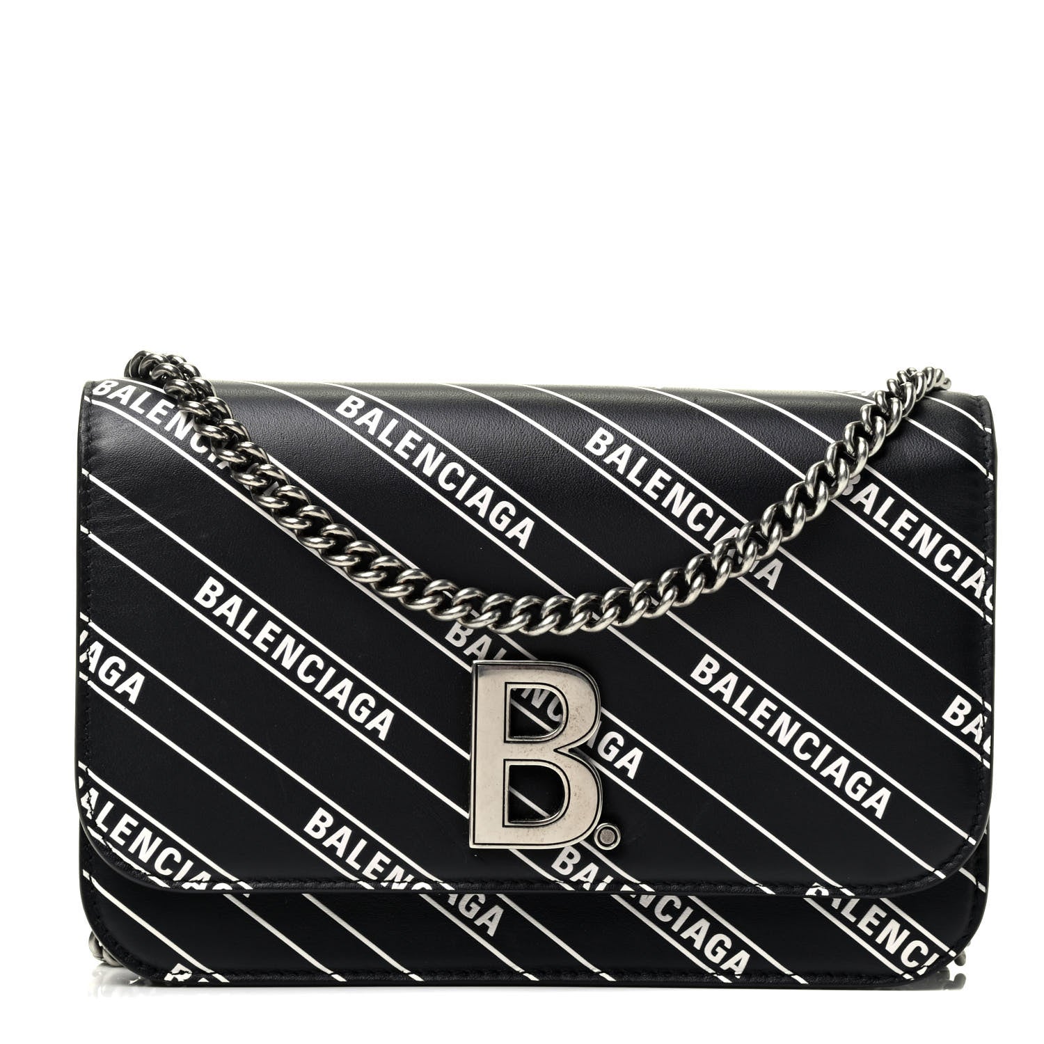 Balenciaga Matte Calfskin Diagonal Allover Logo Print B Wallet on Chain Black White 1 of 4