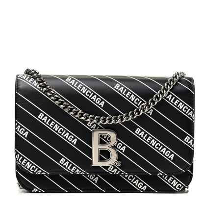 Balenciaga Matte Calfskin Diagonal Allover Logo Print B Wallet on Chain Black White 1 of 4