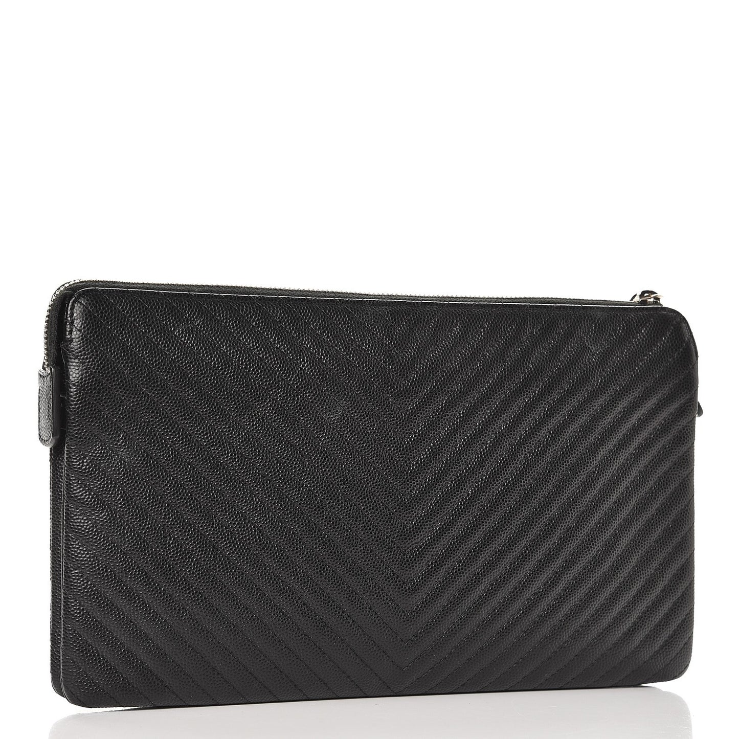 Caviar Chevron Quilted Large Zipped Clutch Black