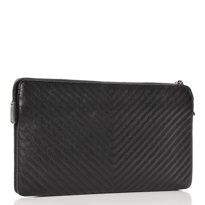 Chanel Caviar Chevron Quilted Large Zipped Clutch Black 3 of 10