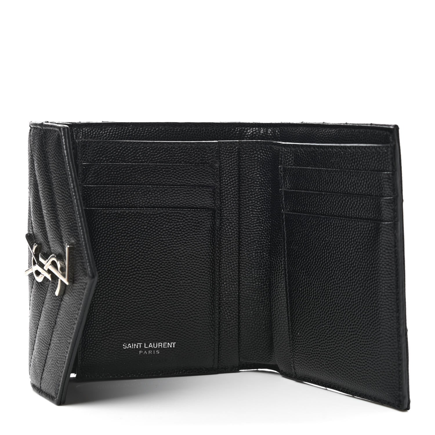 Saint Laurent Grain De Poudre Matelasse Chevron Monogram Compact Tri Fold Wallet Black 5 of 6