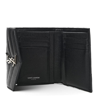 Saint Laurent Grain De Poudre Matelasse Chevron Monogram Compact Tri Fold Wallet Black 5 of 6
