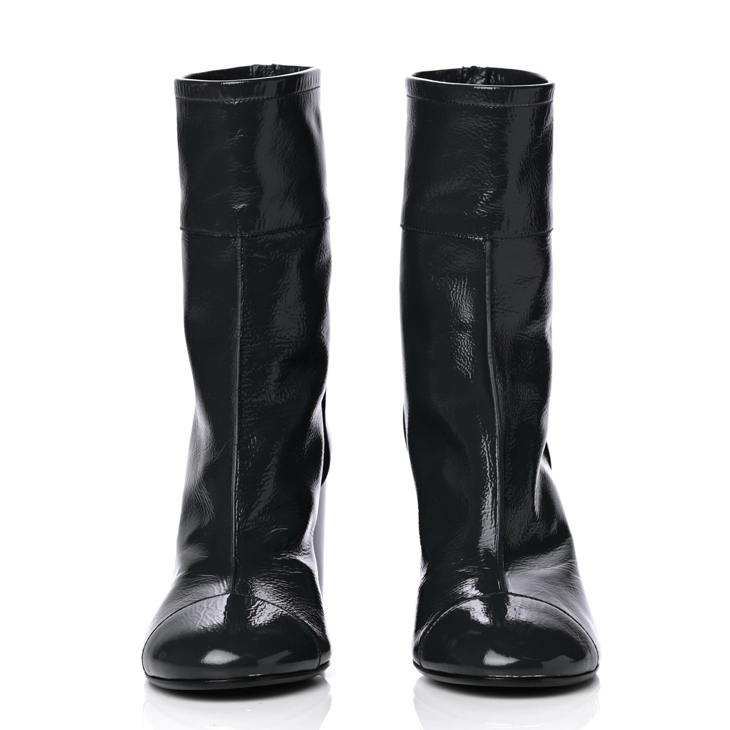 Shiny Crumpled Calfskin CC Cap Toe Short Boots 38.5 Dark Grey