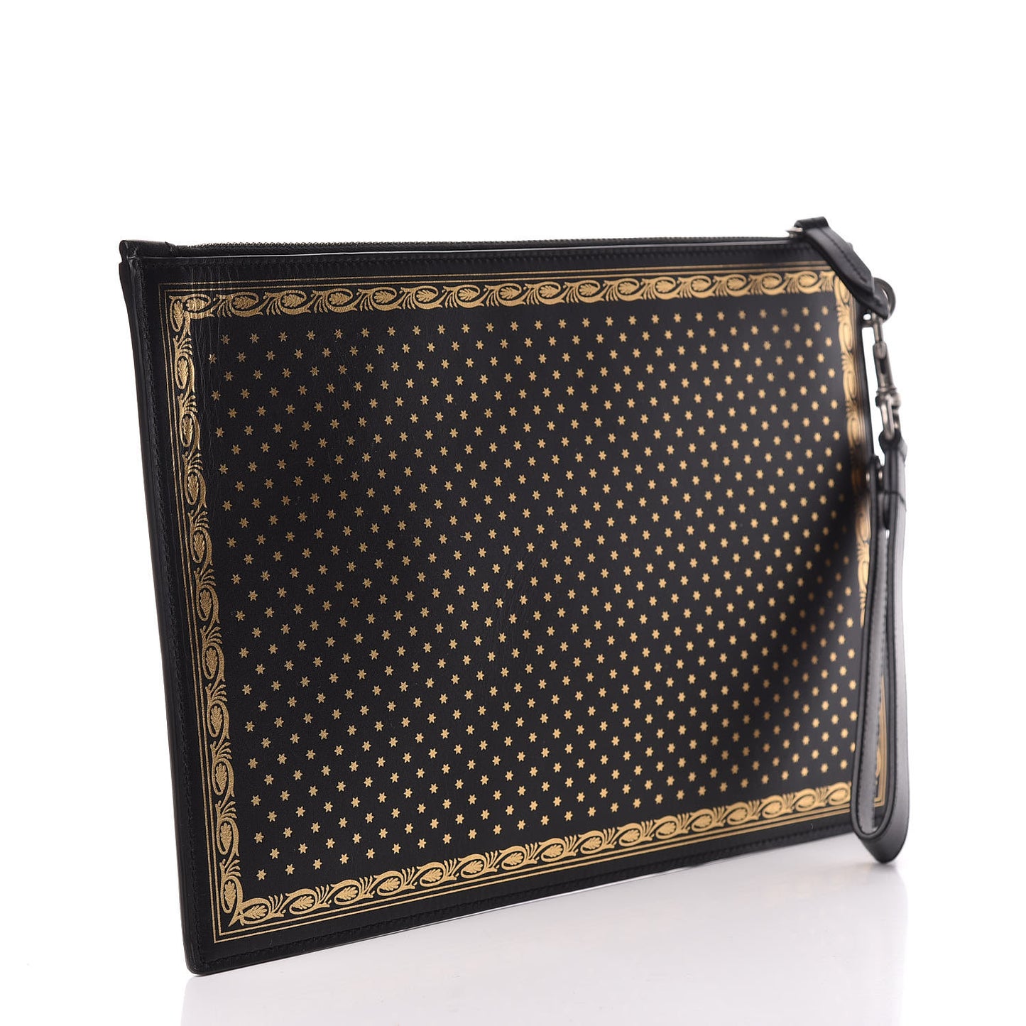 X SEGA Calfskin GUCCY Stars Zip Wristlet Pouch Black Gold