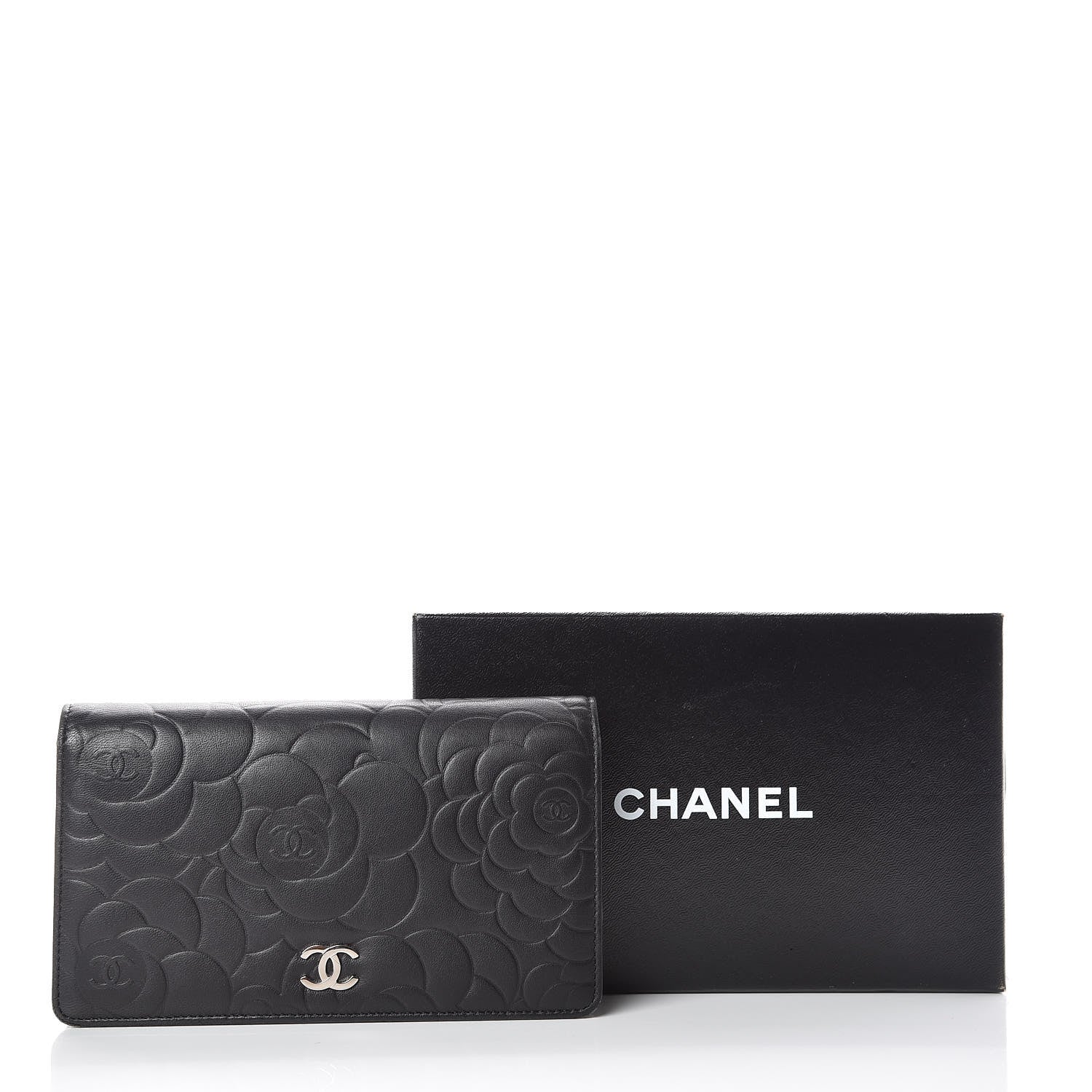Chanel Lambskin Camellia Embossed Yen Wallet Black 13 of 13