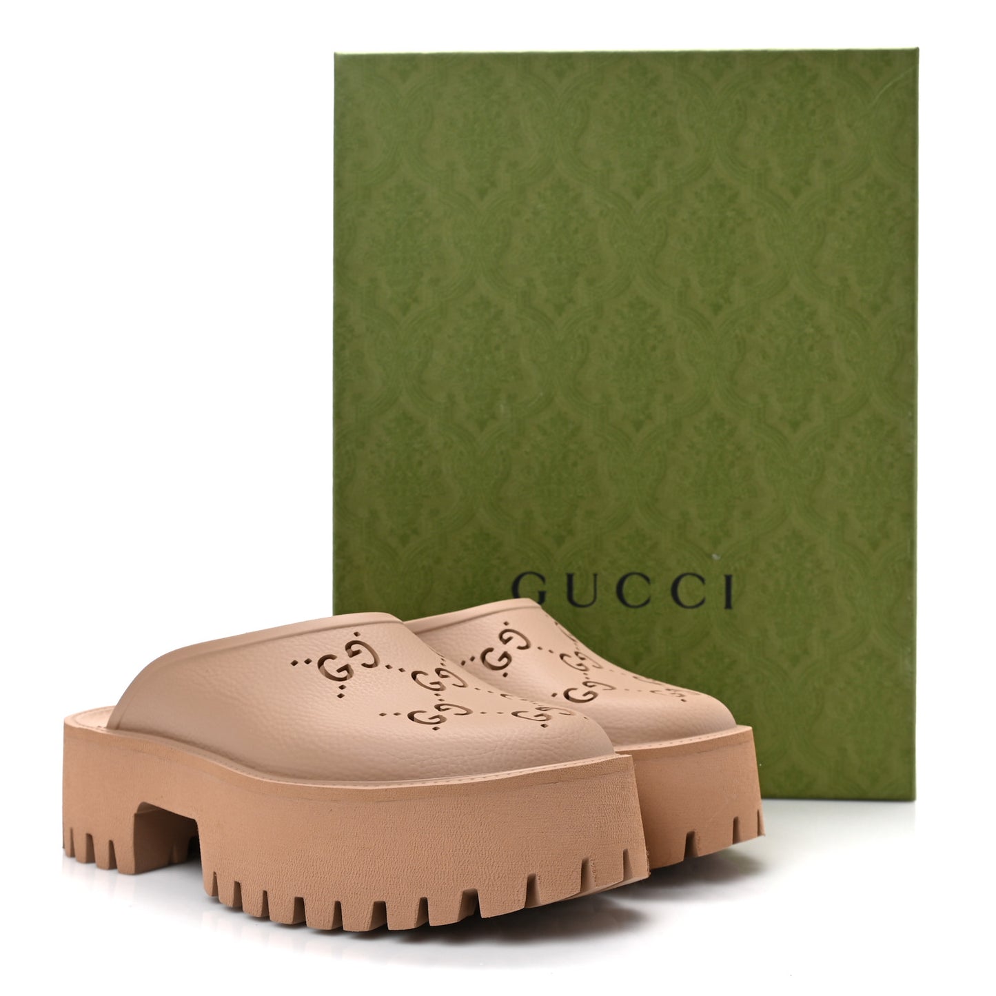 Rubber GG Monogram Perforated Elea Platform 55mm Lug Sole Sandals 38 Vintage Camel