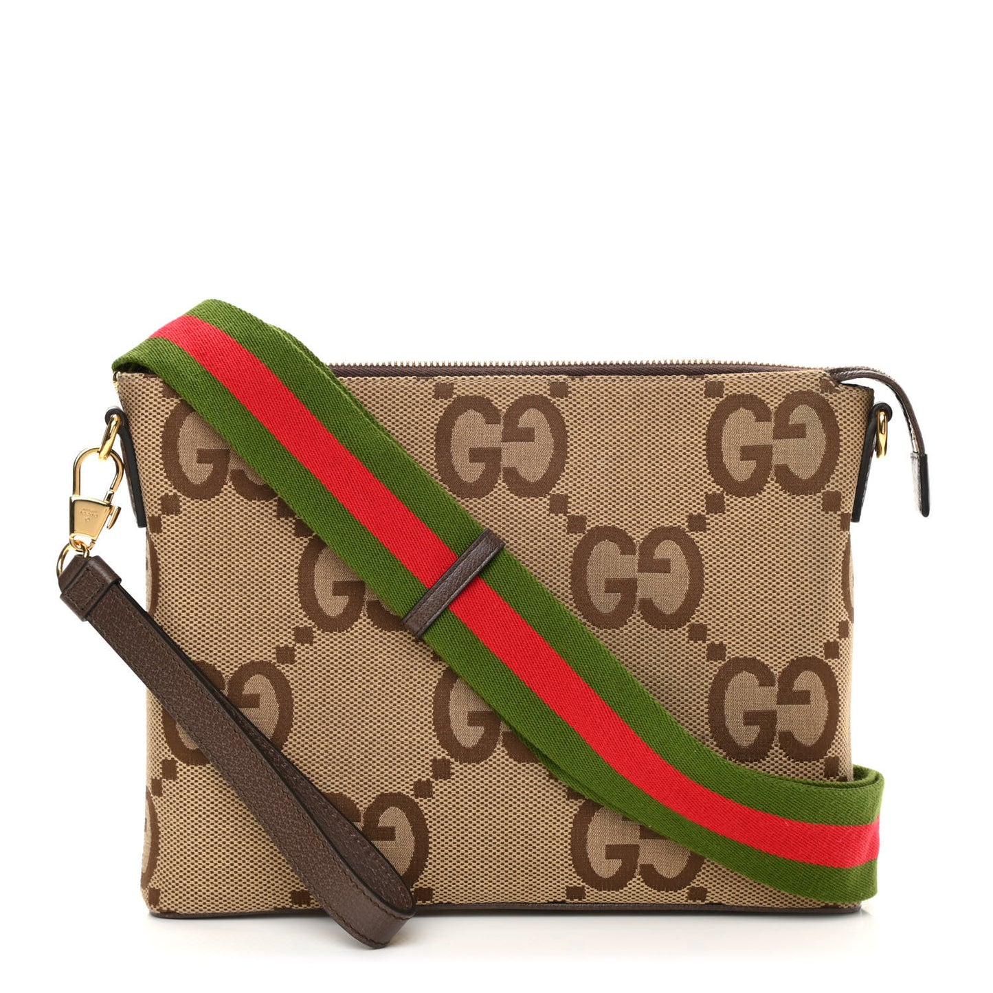 Monogram Jumbo GG Textured Dollar Calfskin Web Wristlet Messenger Bag Camel Ebony New Acero