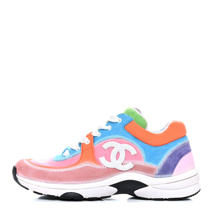 Chanel Fabric Calfskin Suede CC Womens Sneakers 37.5 White Multicolor 1 of 10