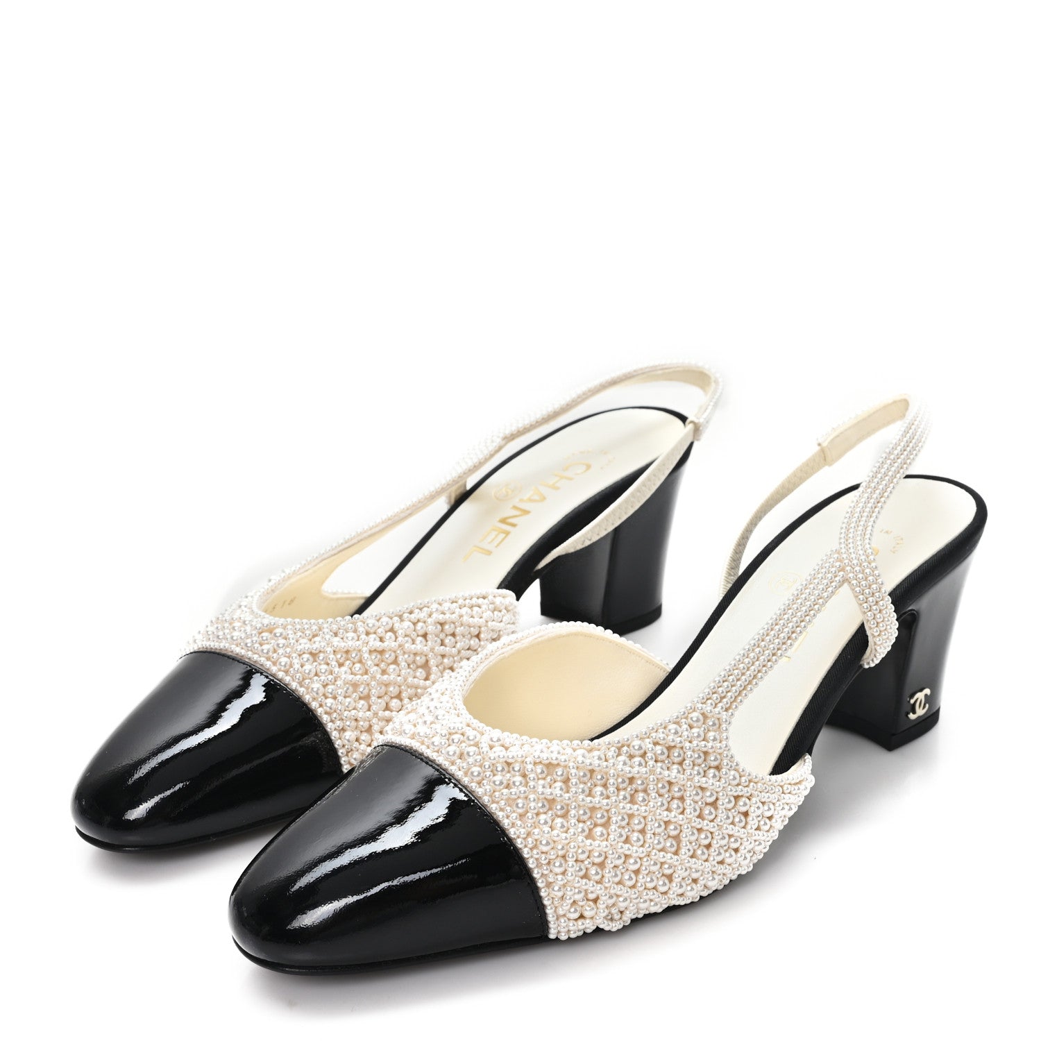 Chanel Pearl Patent Cap Toe CC Slingback Pumps 37 Ivory Black 4 of 10