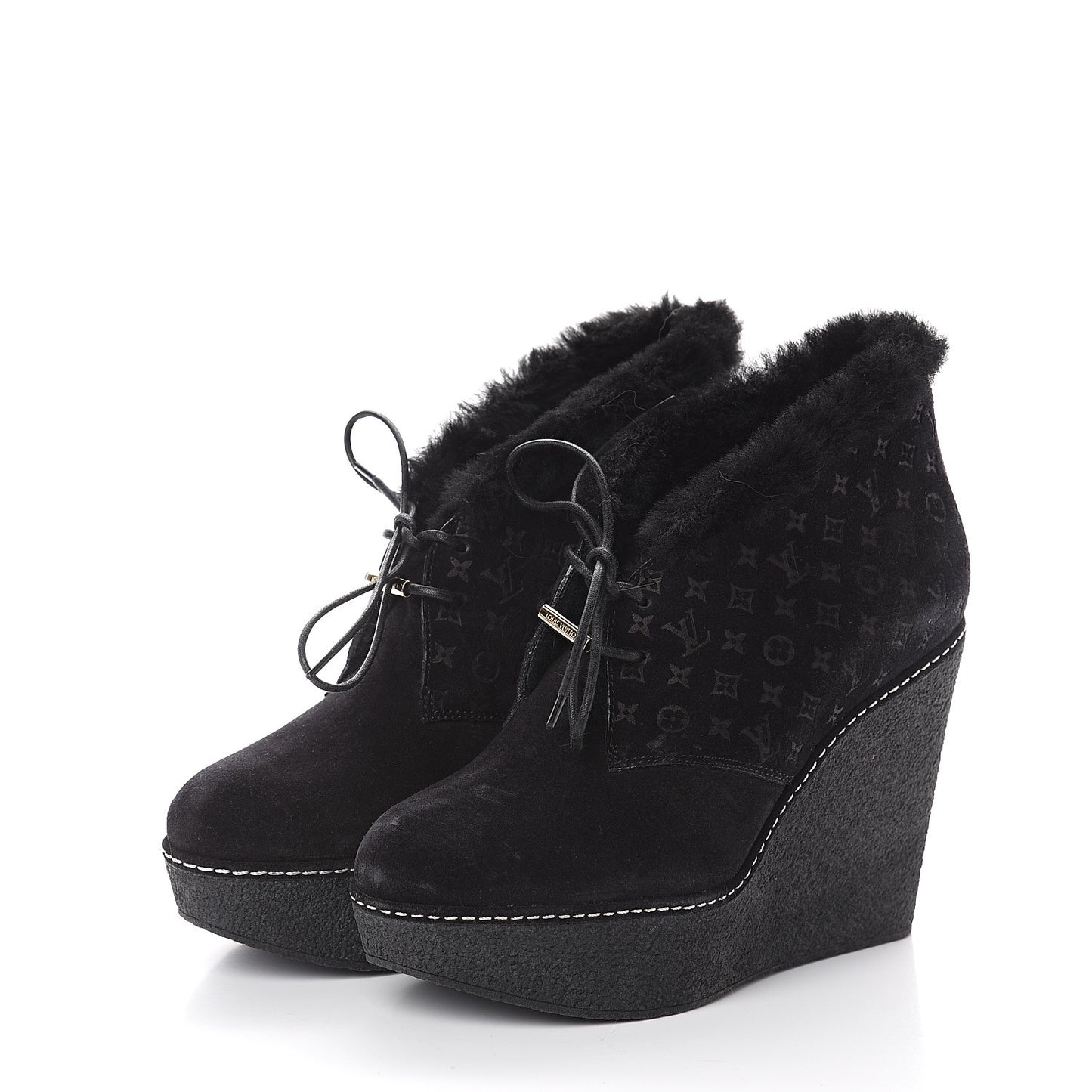 Suede Embossed Monogram Frosty Wedge Low Boots 37 Black