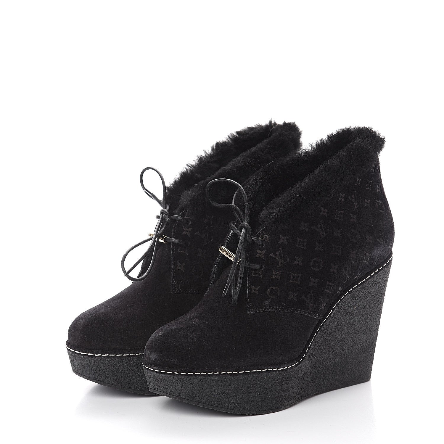 Louis Vuitton Suede Embossed Monogram Frosty Wedge Low Boots 37 Black 3 of 8