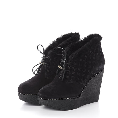 Louis Vuitton Suede Embossed Monogram Frosty Wedge Low Boots 37 Black 3 of 8