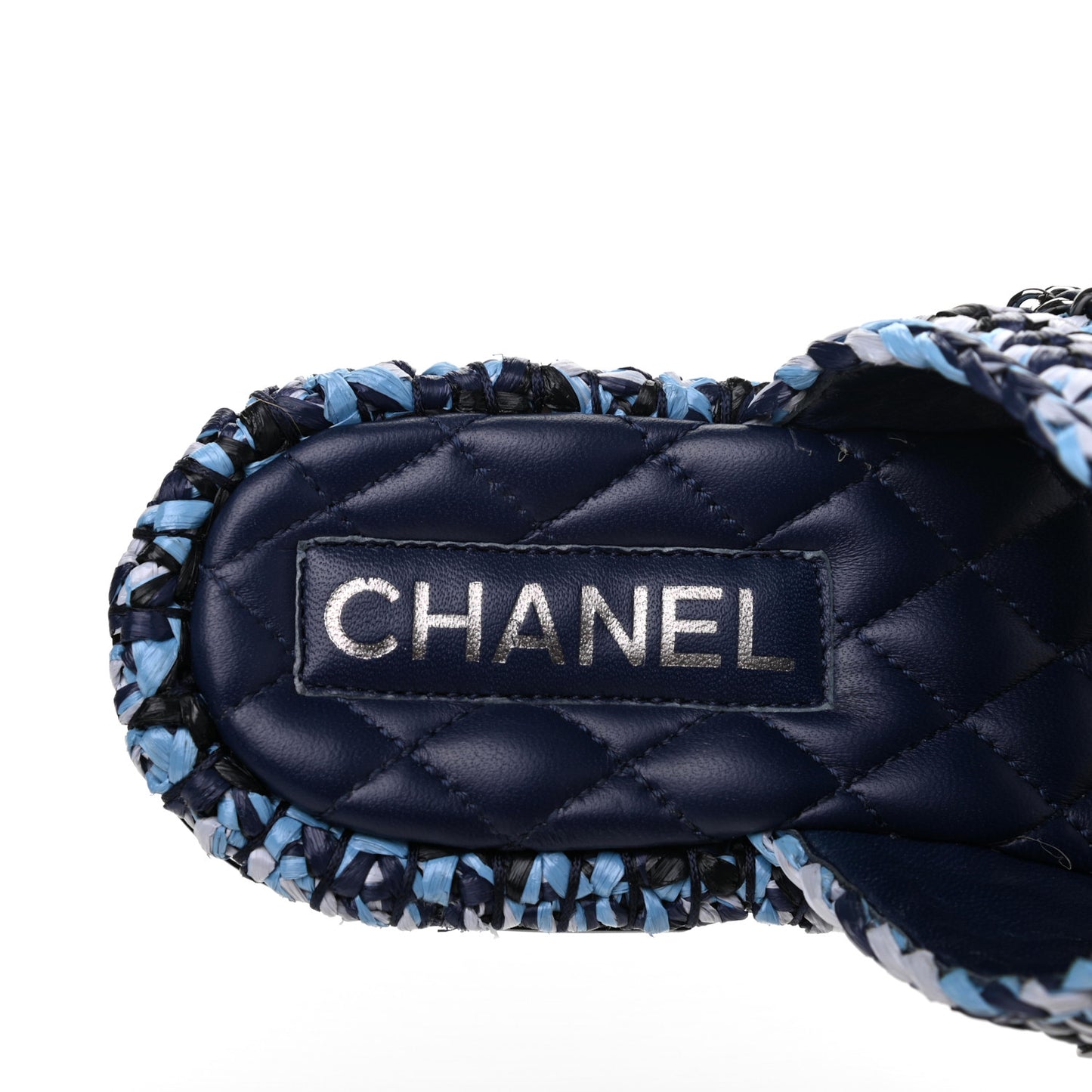 Lambskin Raffia Chain Flat Sandals 36 Blue Black