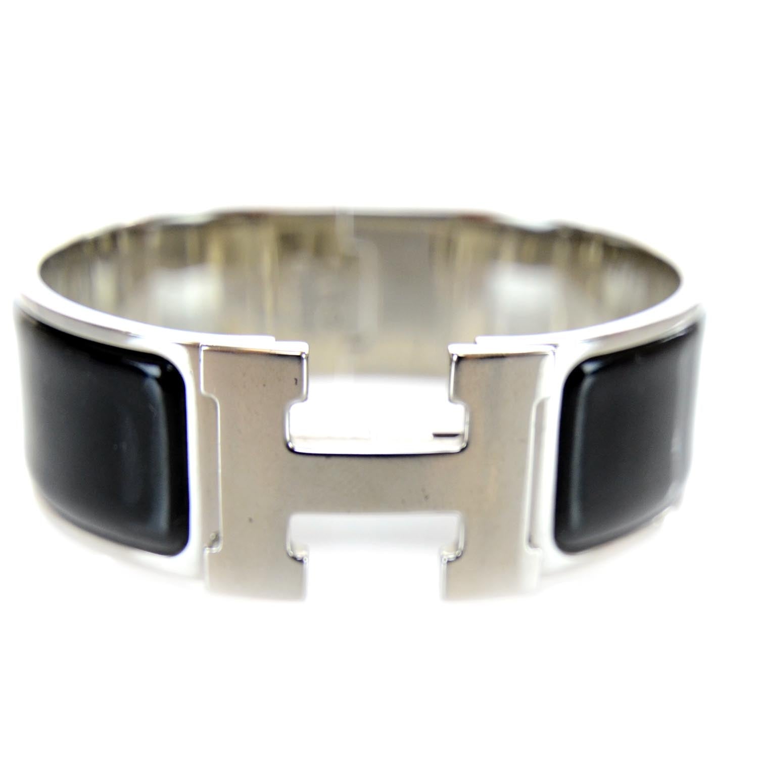 Hermes Enamel Clic Clac H Bracelet Wide Black Silver 1 of 5