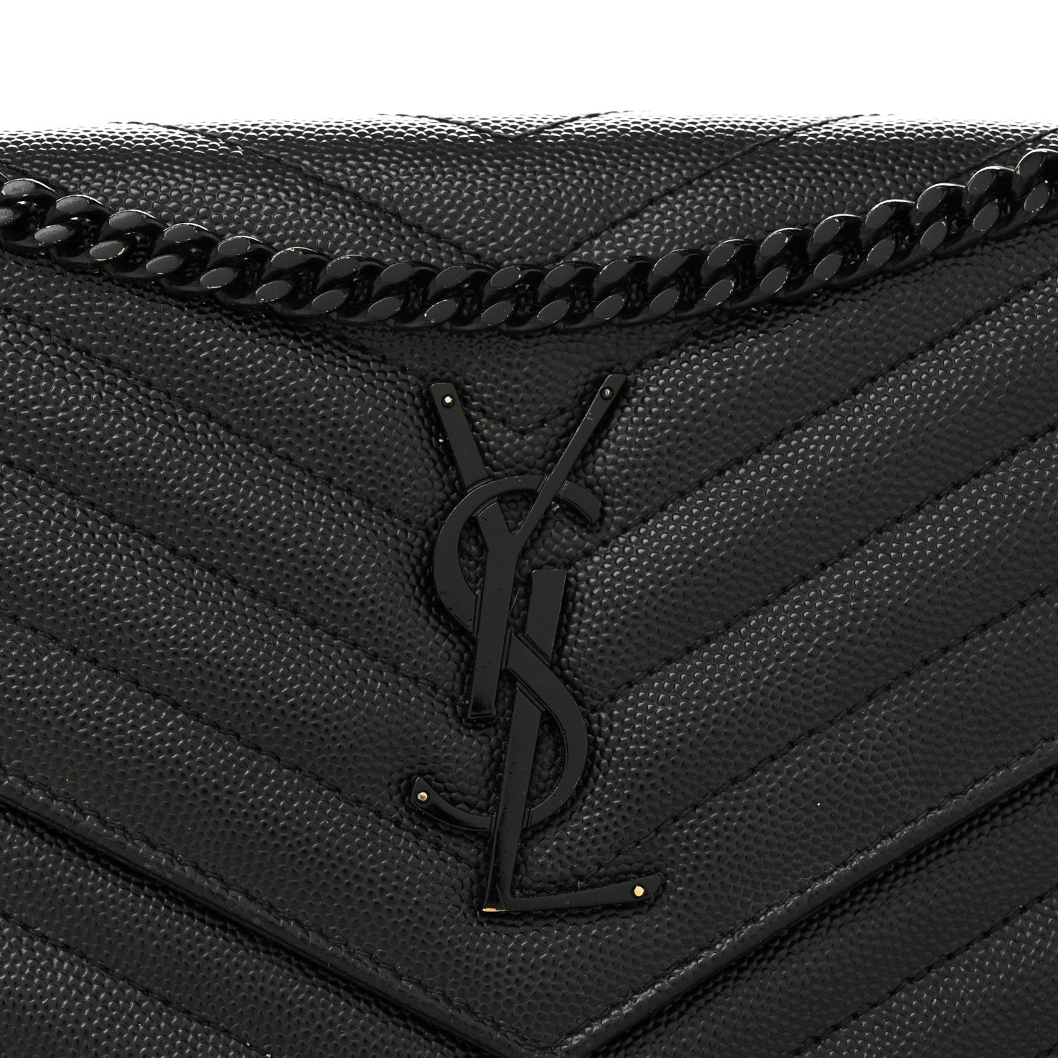 Saint Laurent Grain De Poudre Matelasse Chevron Monogram Monochrome Chain Wallet Black 7 of 11