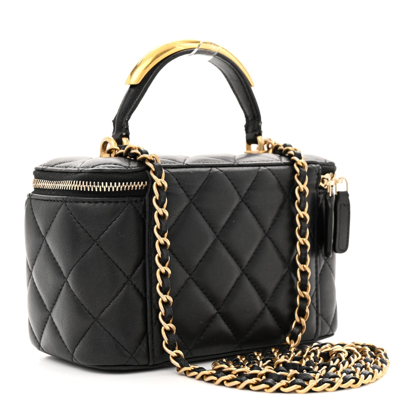 Lambskin Quilted Metal Small Top Handle Vanity Case With Chain Black